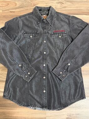 Harley Davidson L/S Shirt Gray Metallic Denim Snap Embroidered Men's M